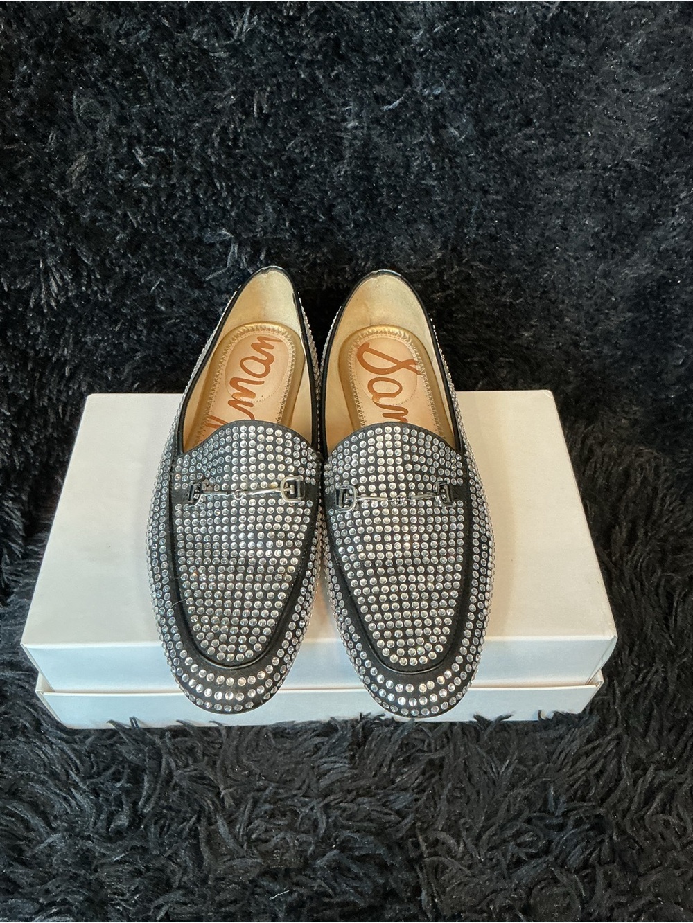 Sam Edelman Black Crystal-Studded Women's Slip-On Loafers - Picture 2 of 6